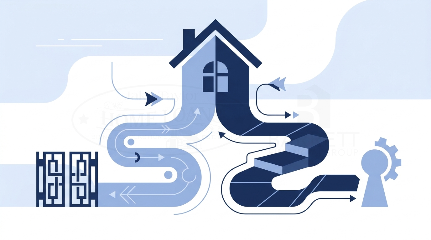 Illustrative graphic of two diverging paths branching from a house shape
