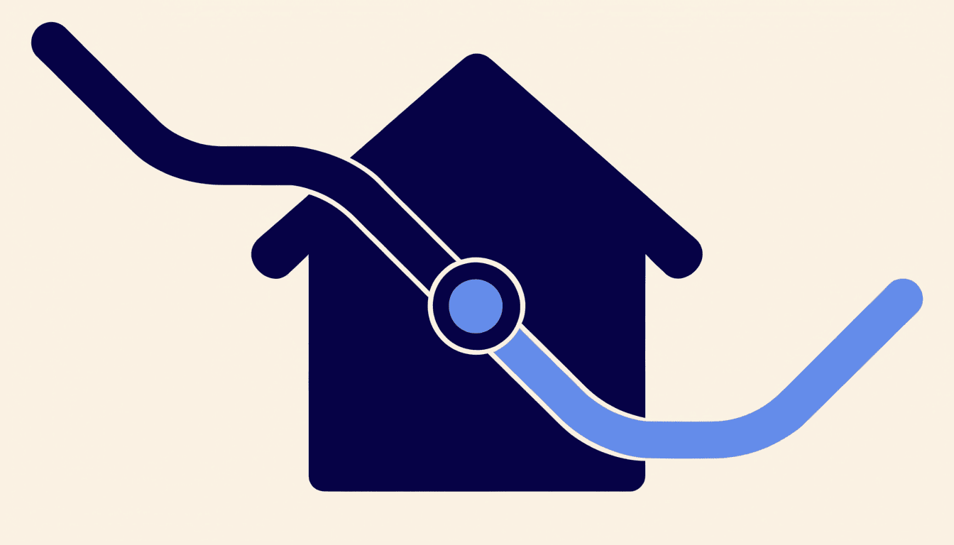 Illustrative graphic of a descending cost line and an ascending savings line crossing at a break-even point in front of a house shape