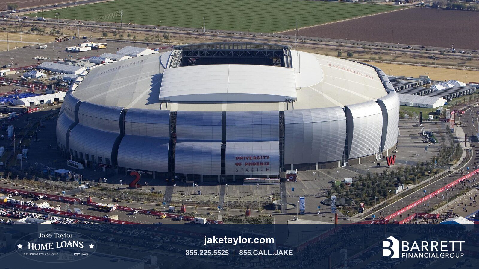 Aerial view of the stadium and surrounding farmland in Glendale, Arizona