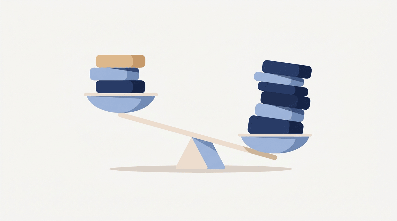 Illustrative graphic of a balance scale weighing income against debt