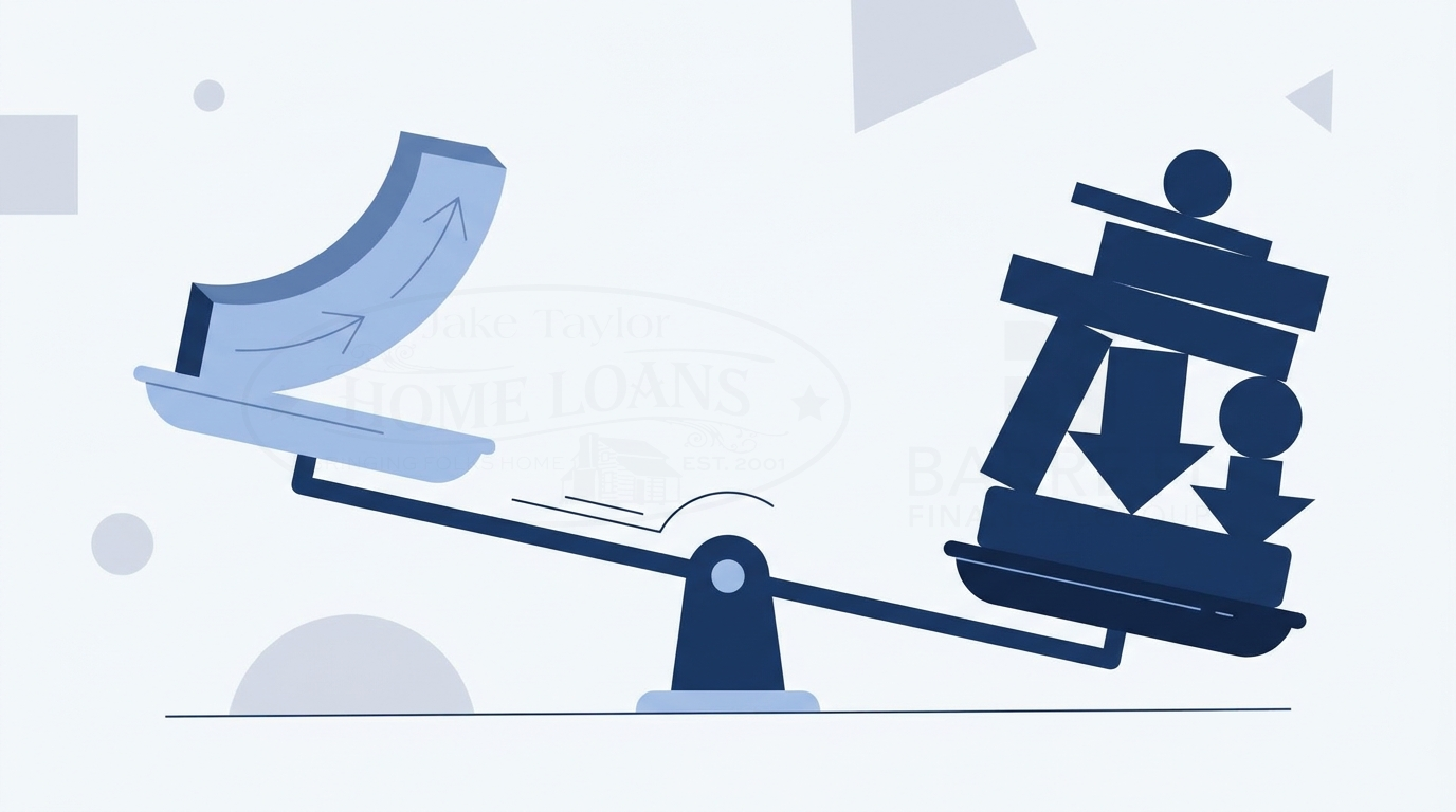 Illustrative graphic of a balance scale weighing income against debt